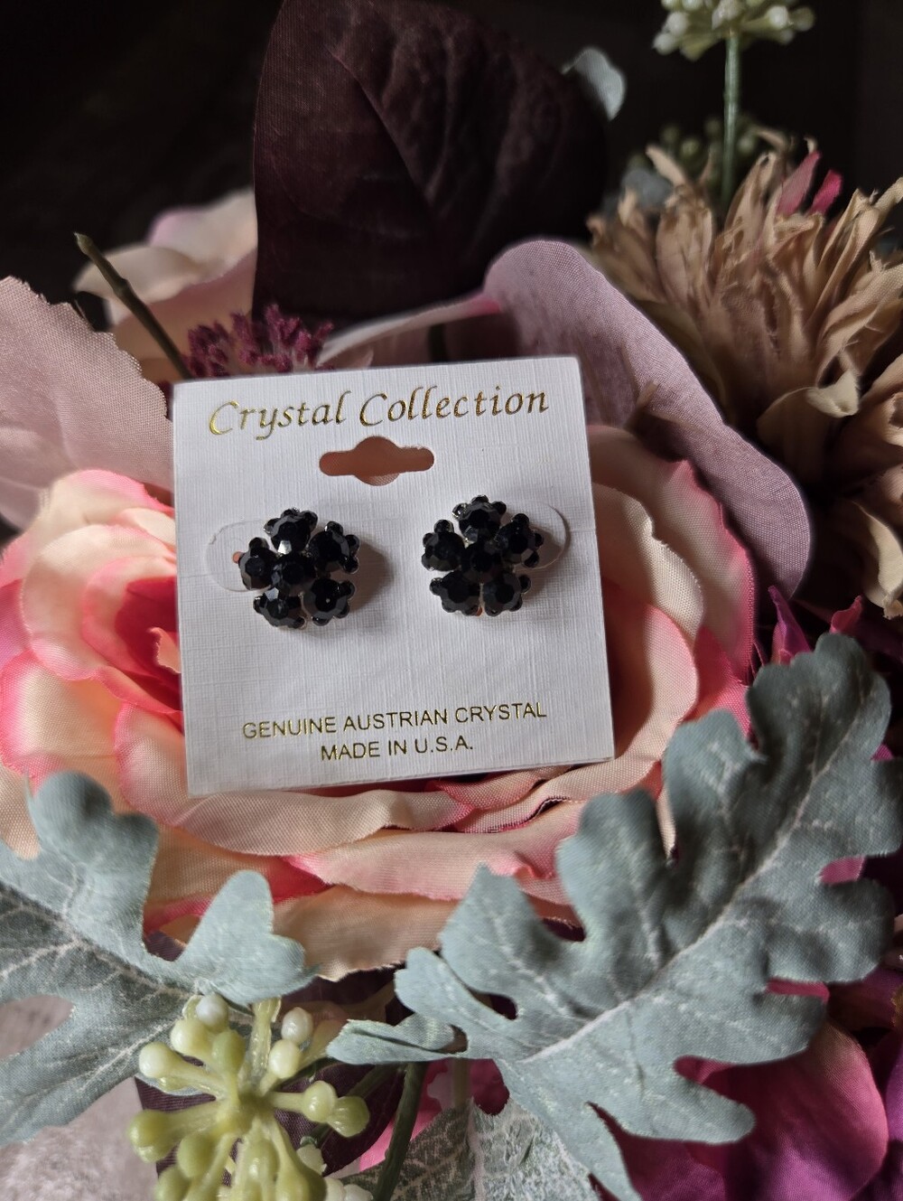 NWT Crystal Collection Black Austrian Crystal Cluster Stud Earrings